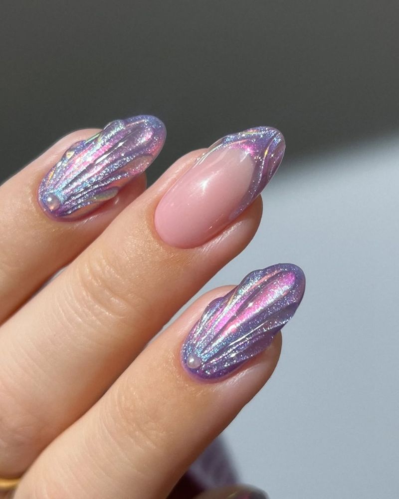 ongles violets scintillants, ongles d’été