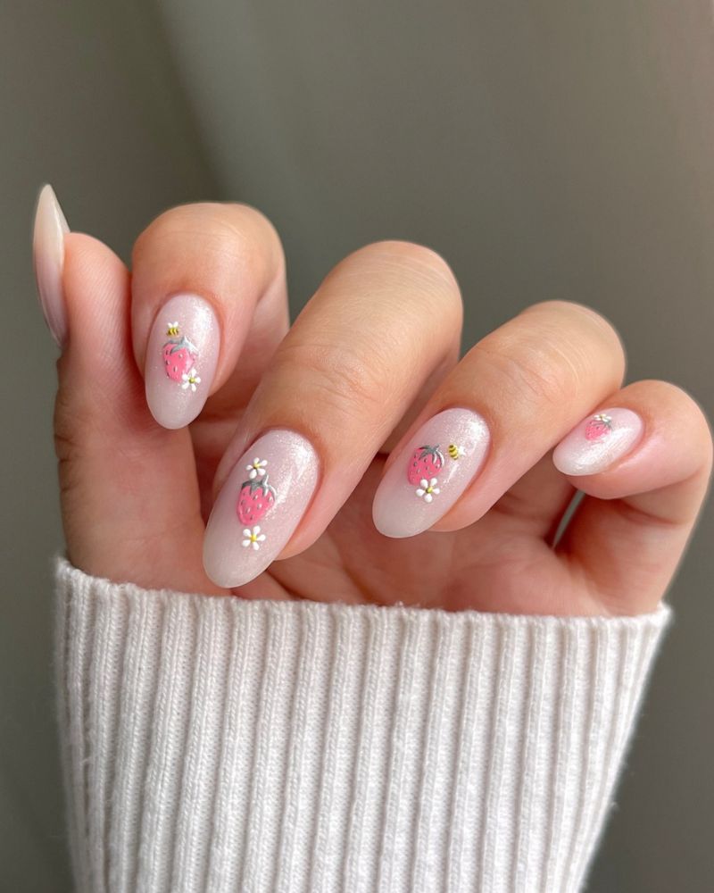 Ongles blancs laiteux scintillants avec une adorable fraise rose au centre
