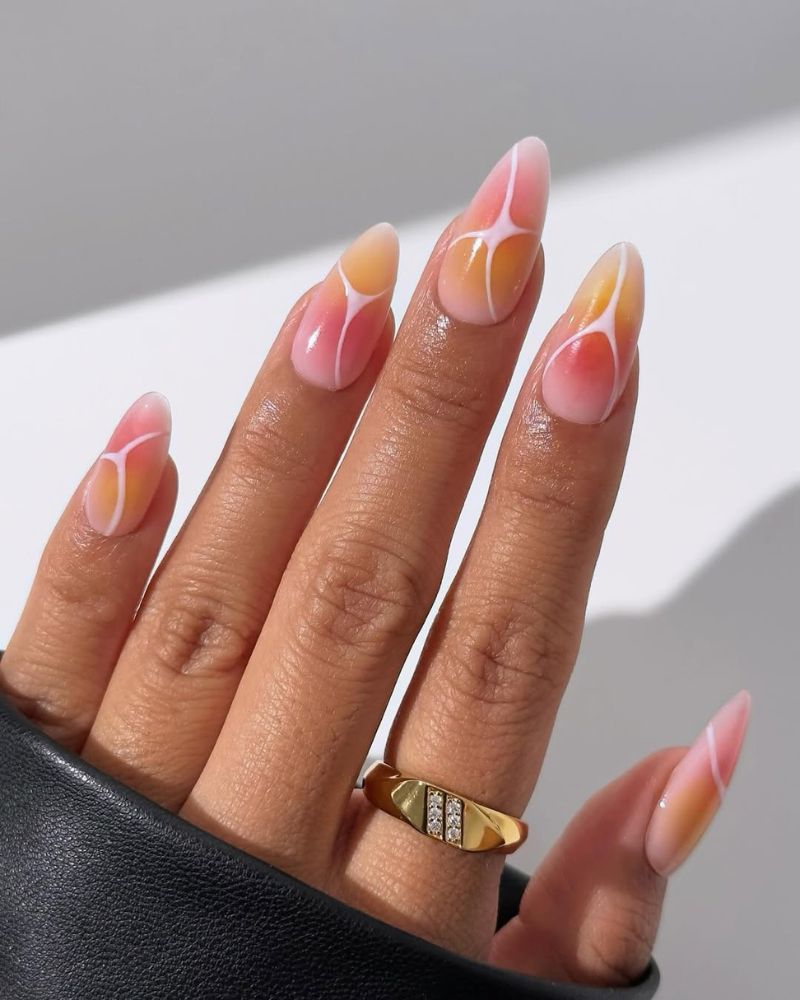 ongles aura rose et orange, ongles amande