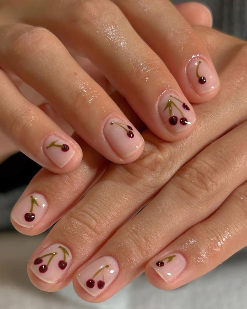 minimalistic cherry nail art, simple cherry nails, short nails