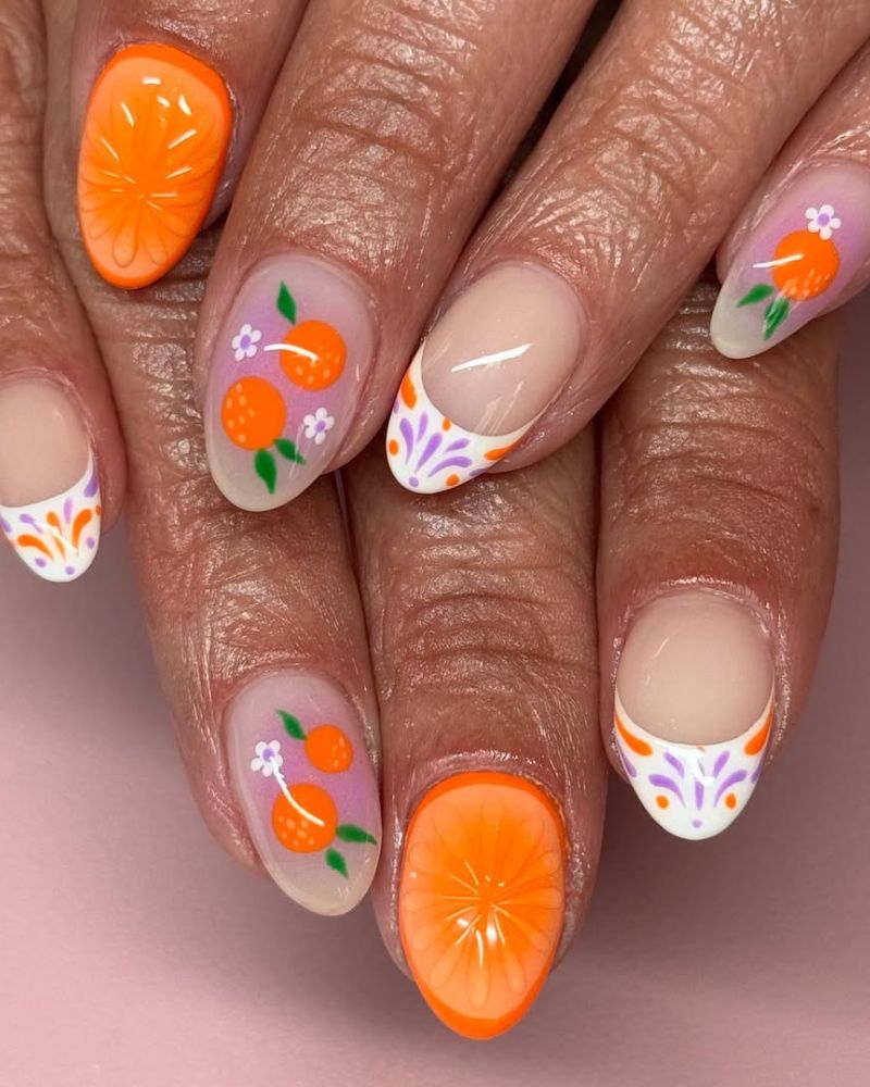 nail art orange, ongles lavande