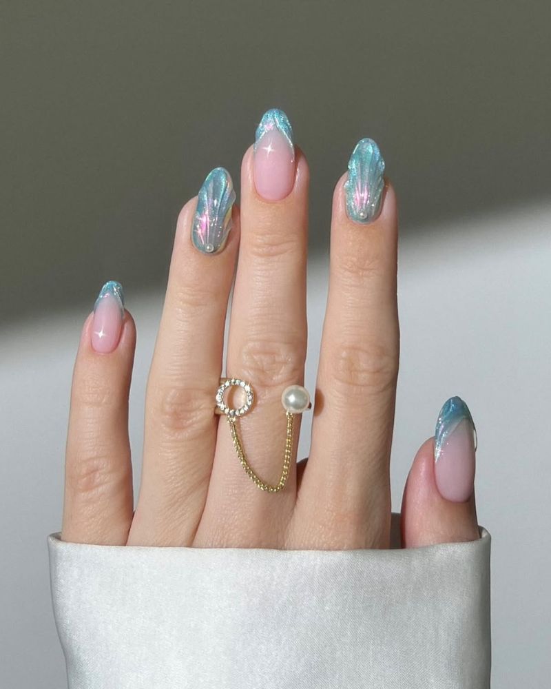 ongles bleus scintillants, ongles océaniques, ongles sirène