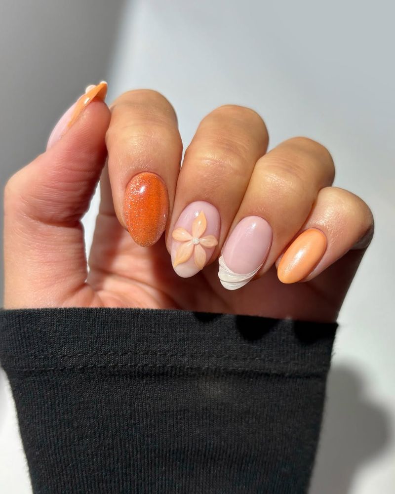 design d'ongles pêche, ongles orange brûlé
