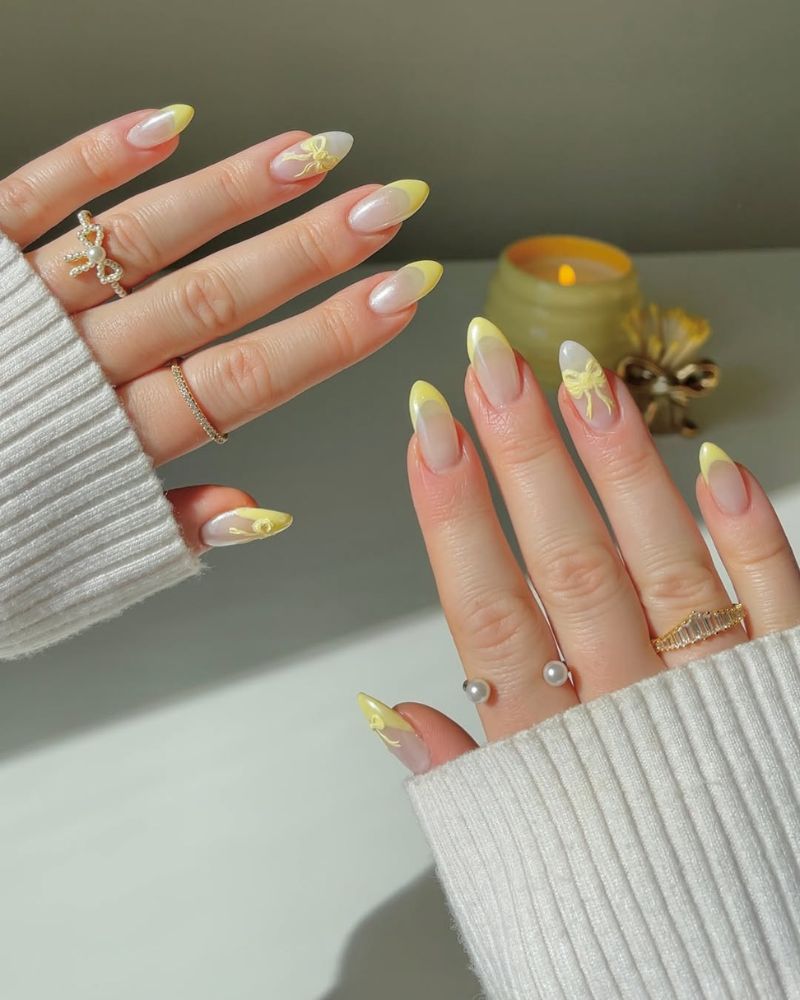 pointes jaunes, designs d’ongles jaunes, ongles coquettes