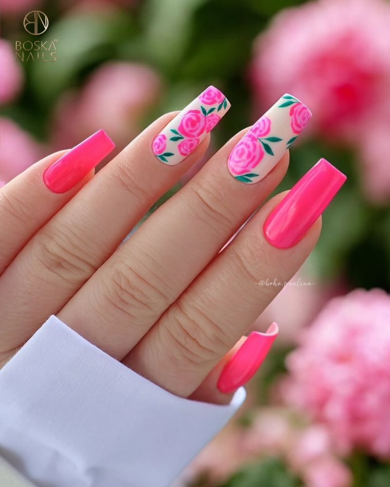ongles d'été roses, nail art rose, ongles roses pétants