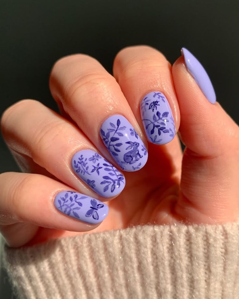 idée ongles Pâques, nail art lapin, ongles violets