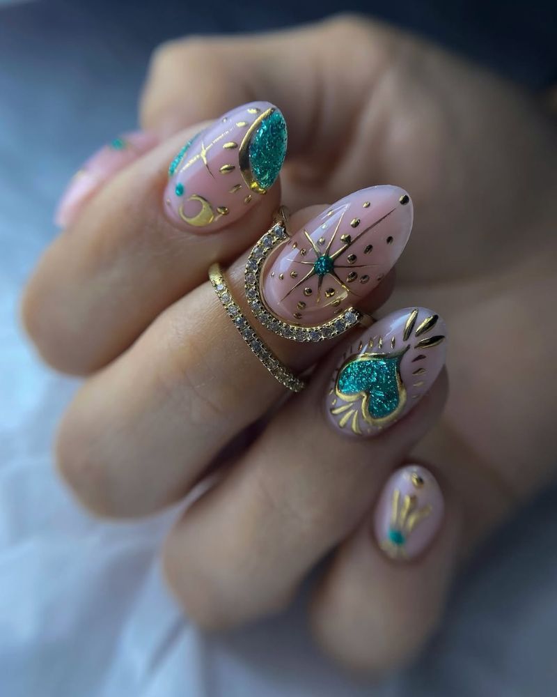 nail art vert émeraude, nail art doré