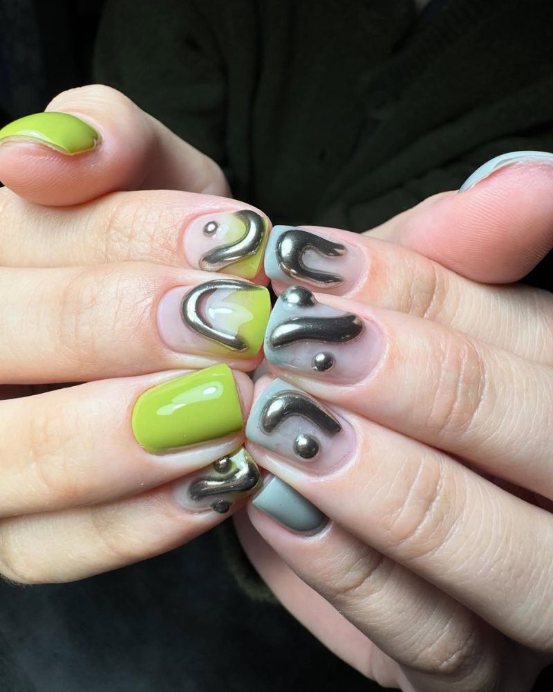 ongles vert citron, nail art 3D, ongles gris