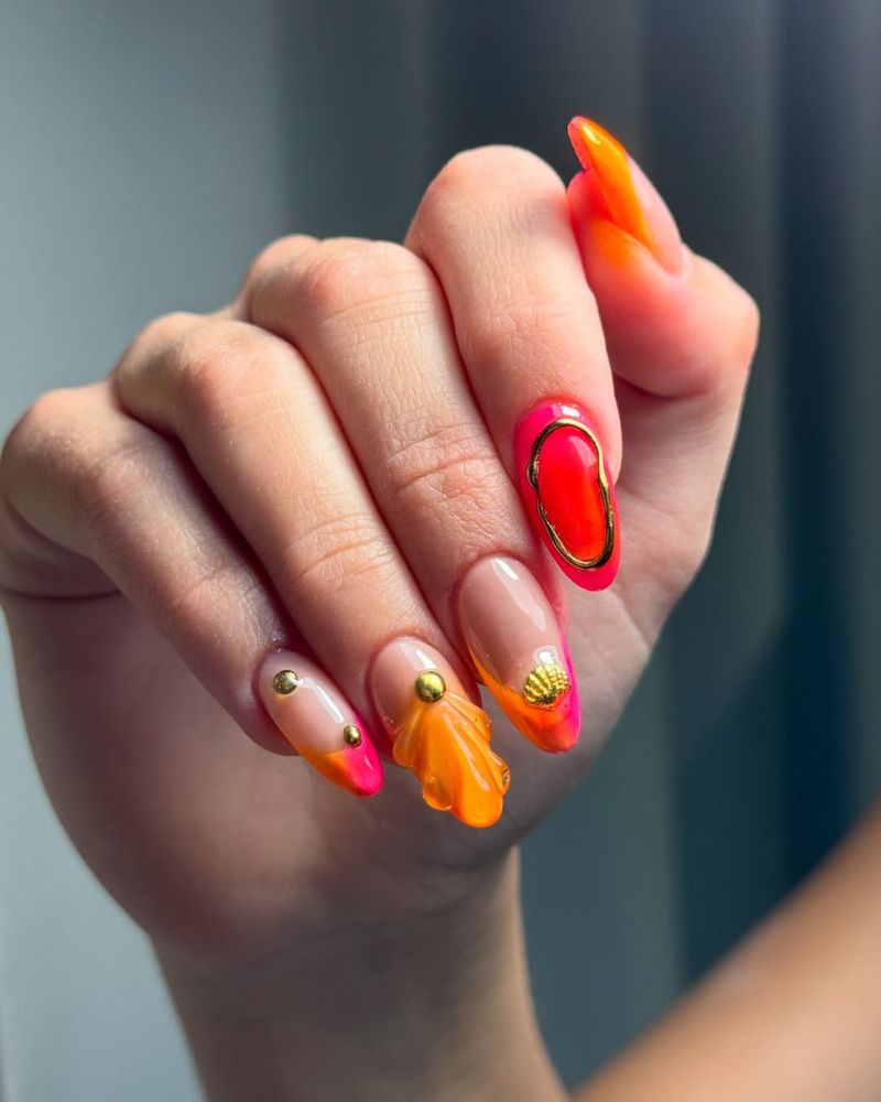 orange nail art, summer nails, pink nails