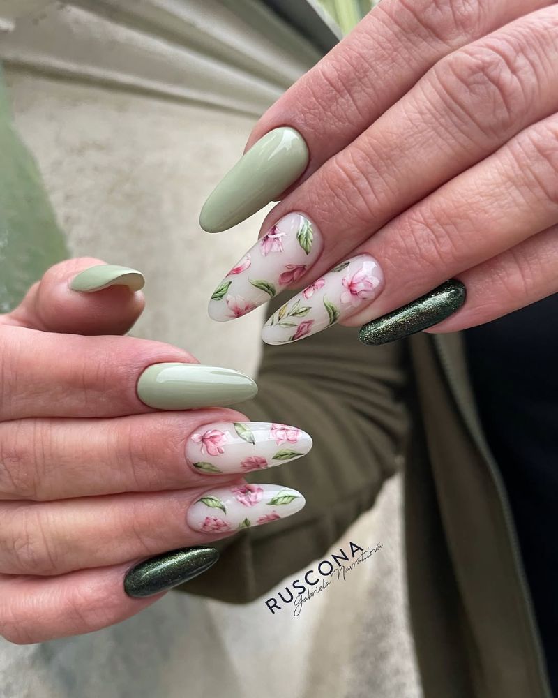 ongles de printemps, nail art fleurs, ongles verts pailletés
