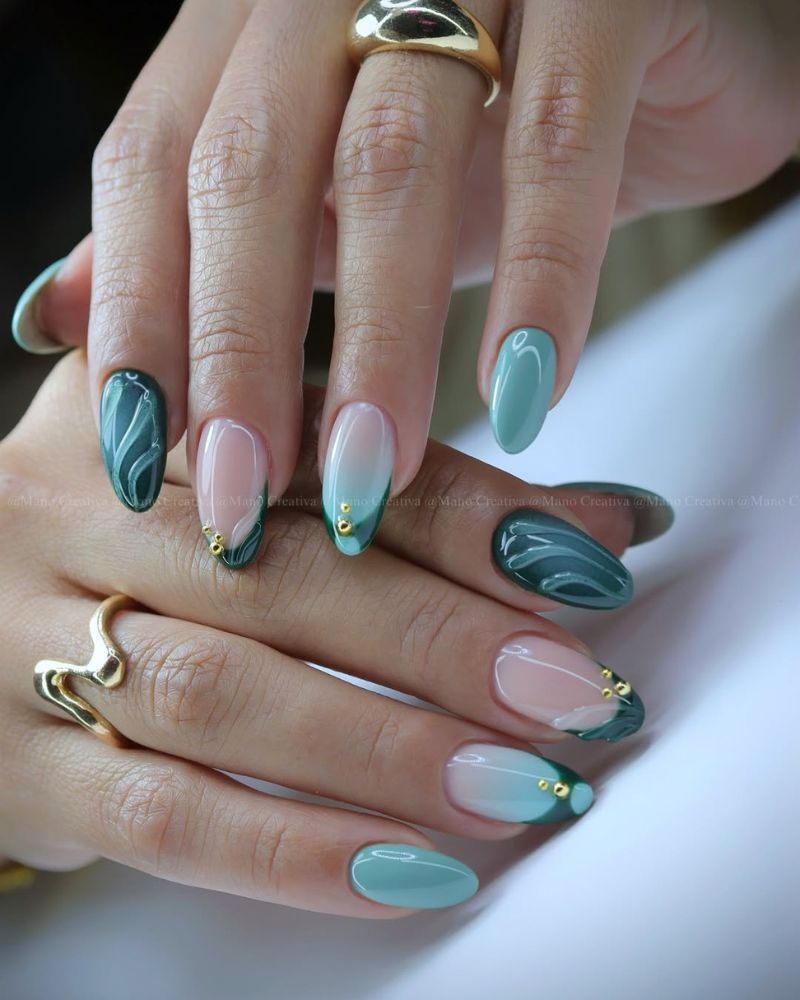 ongles bleus et verts, nail art 3D