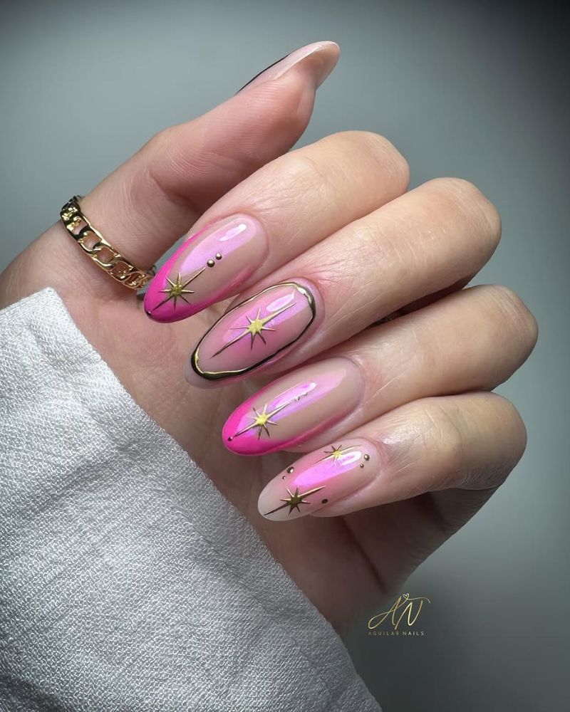 ongles roses avec design, ongles rose et or