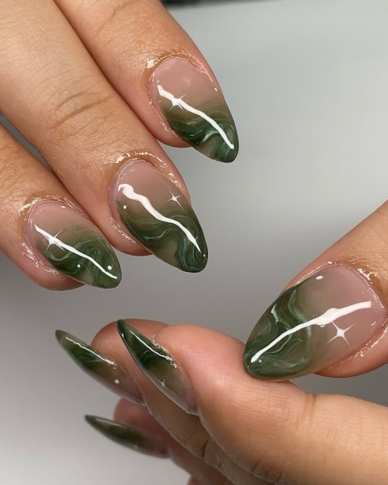 nail art vert sauge, ongles verts foncés