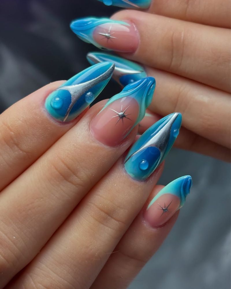 art ongulaire bleu, ongles bleus, ongles stiletto, ongles vacanciers