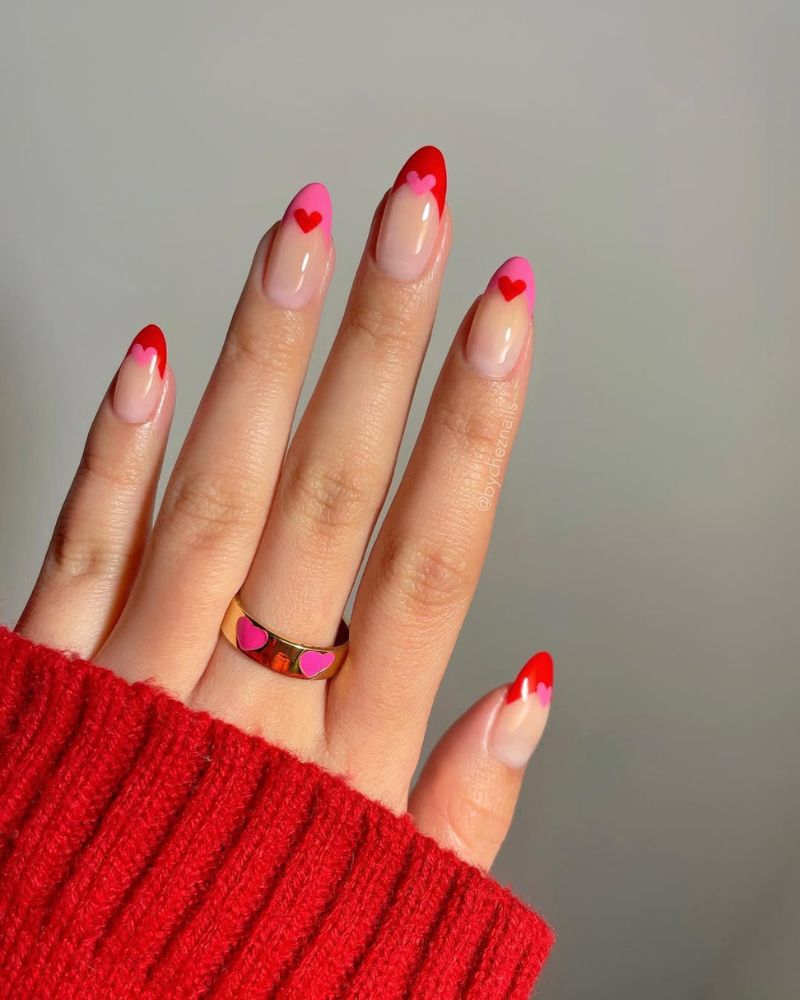 ongles roses et rouges Saint-Valentin, base simple