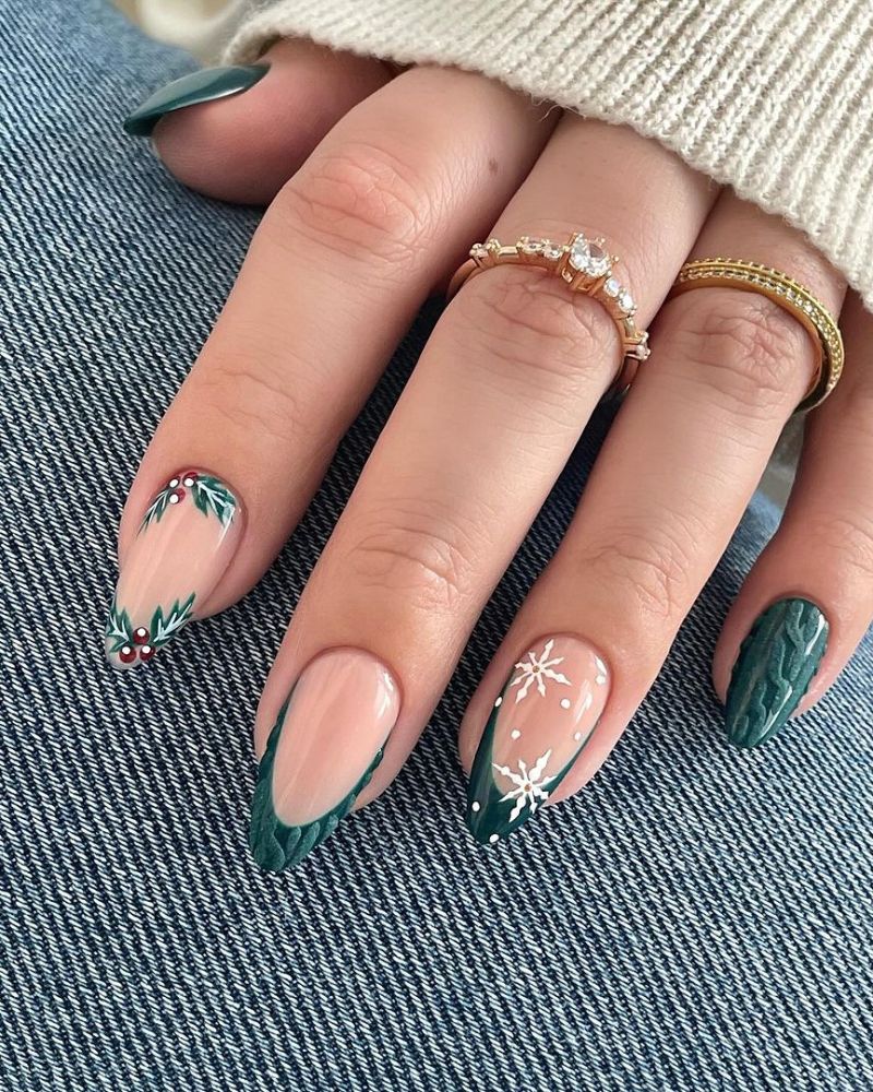 ongles verts de Noël, ongles flocon