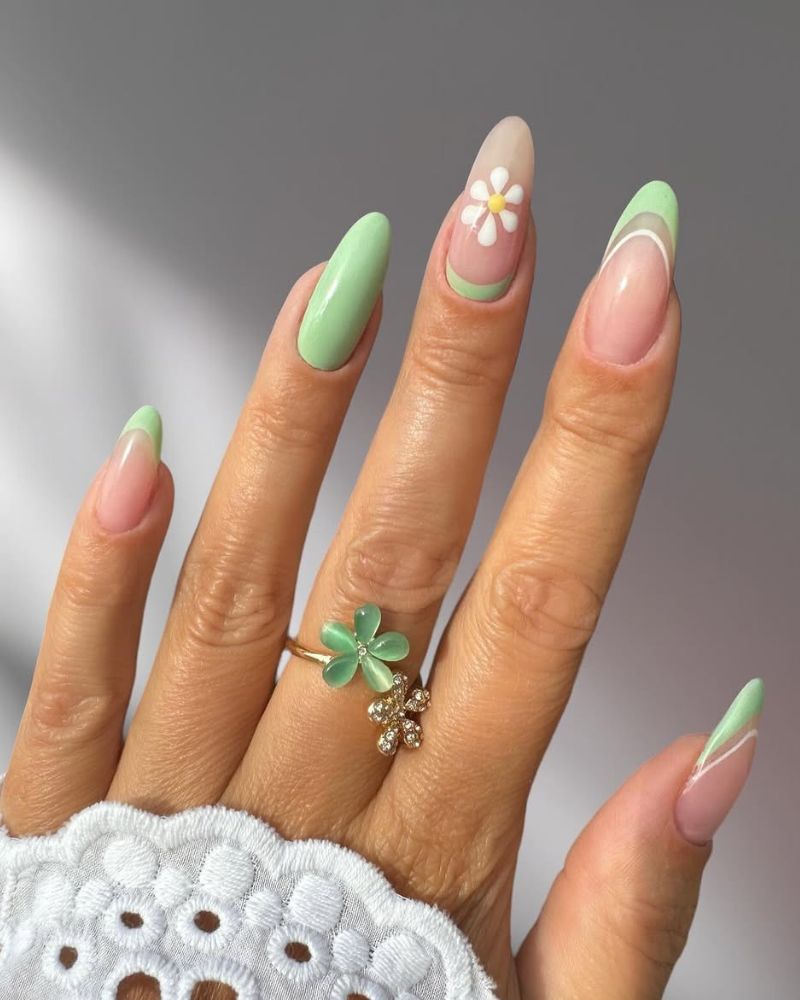 ongles vert clair, french manucure, ongles printaniers simples