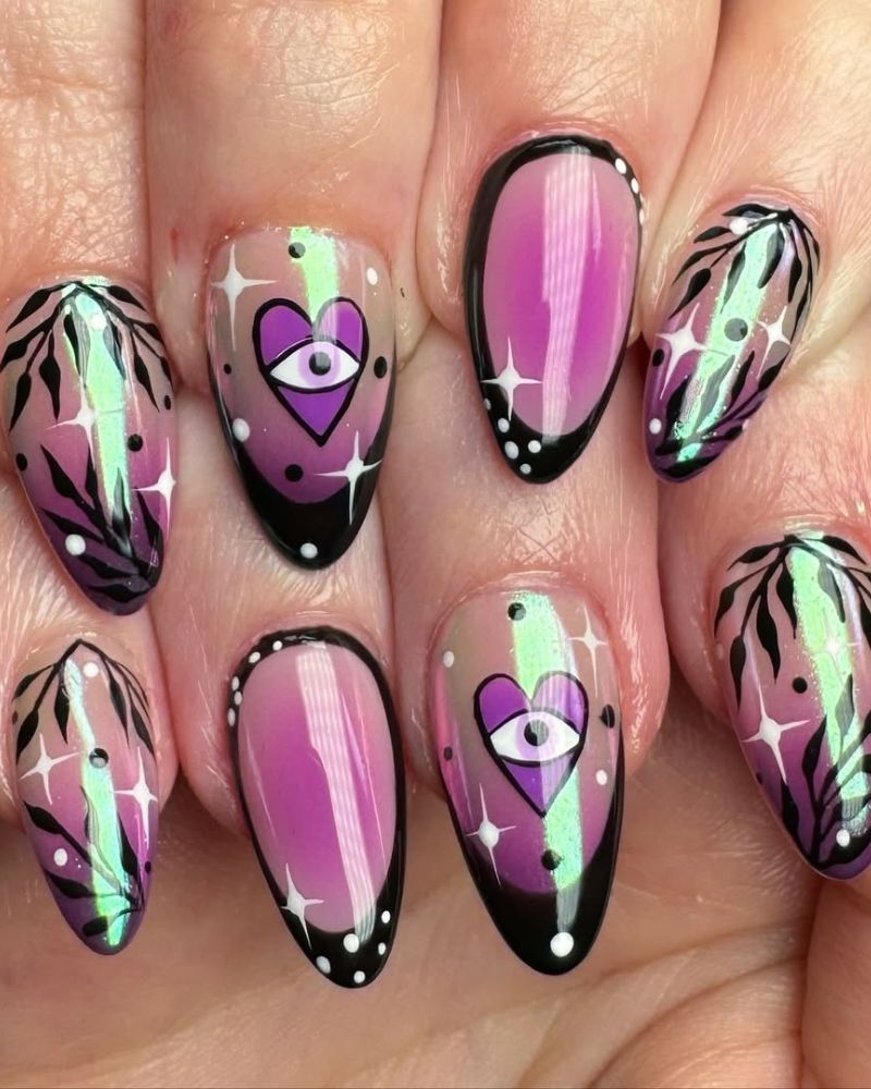 ongles noirs et violets, ongles chromés