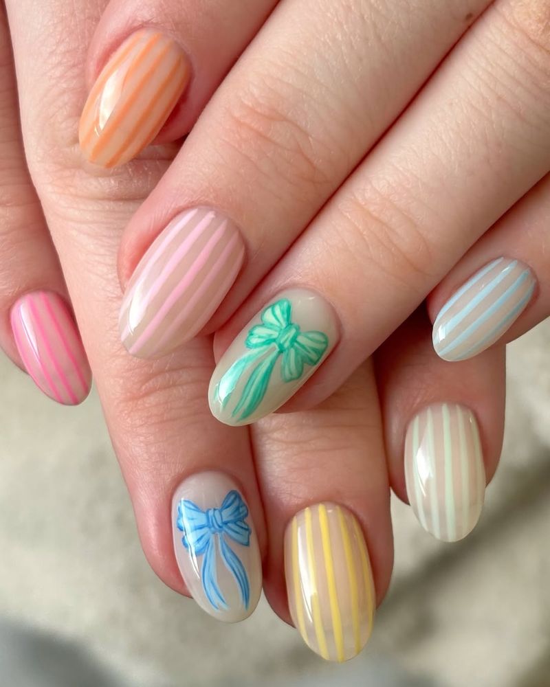 designs nail art nœuds, ongles pastel