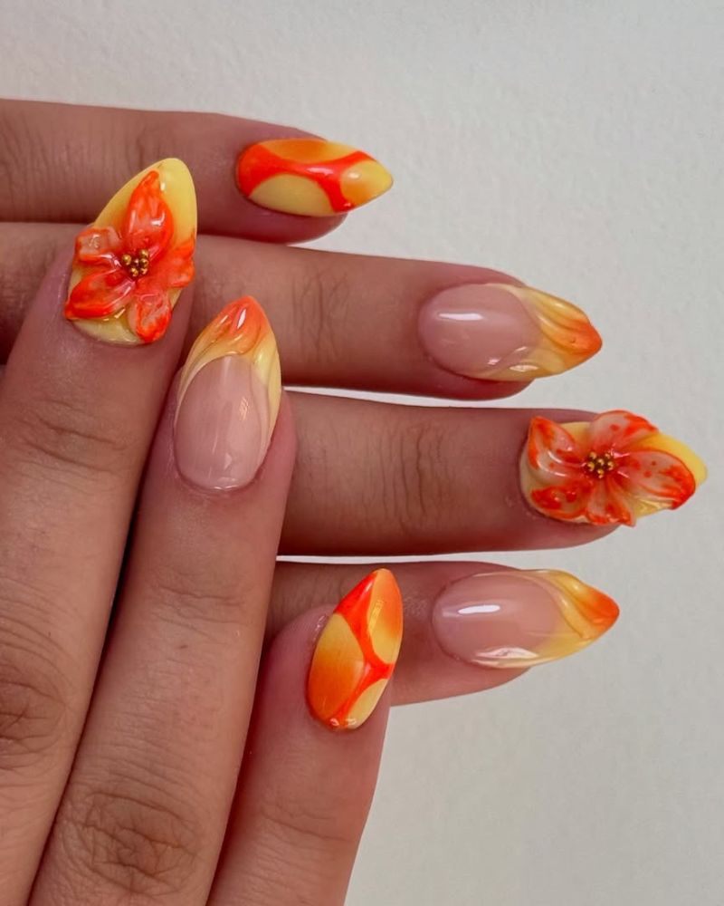 ongles jaunes, ongles oranges, art floral
