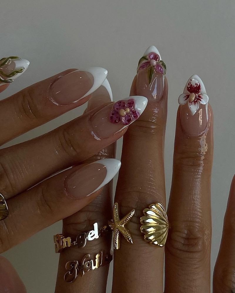 ongles été chics, nail art orchidée, french blanche