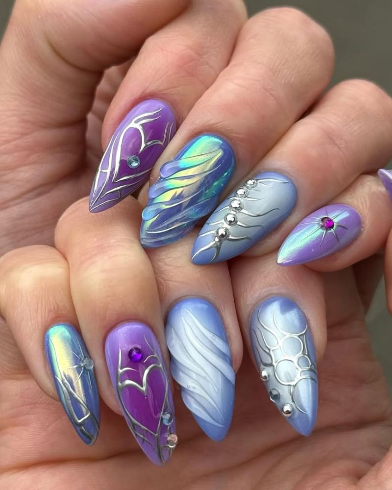 ongles chrome violet, ongles chrome bleu