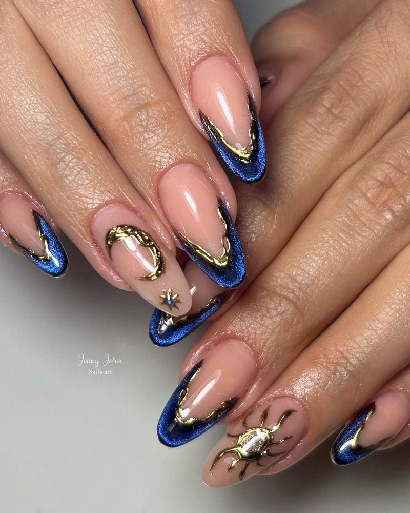 French bleue, nail art soleil doré