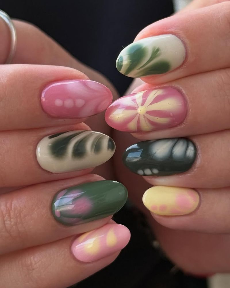 ongles pastel automne rose, jaune et vert