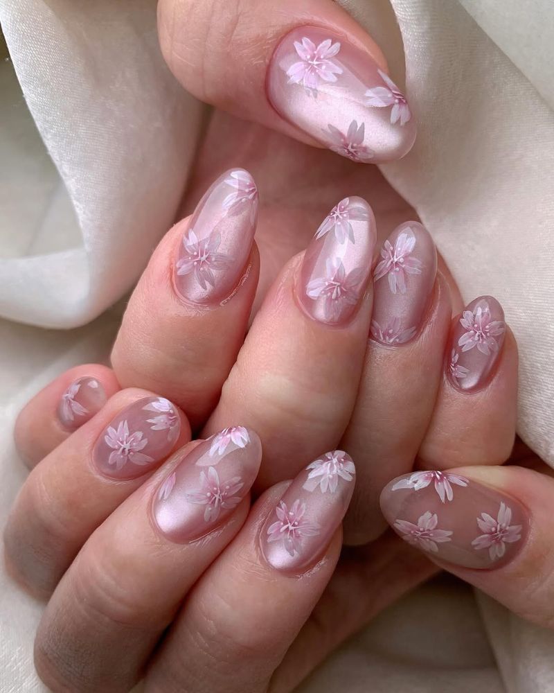 ongles rose clair effet œil de chat, nail art fleurs de cerisier