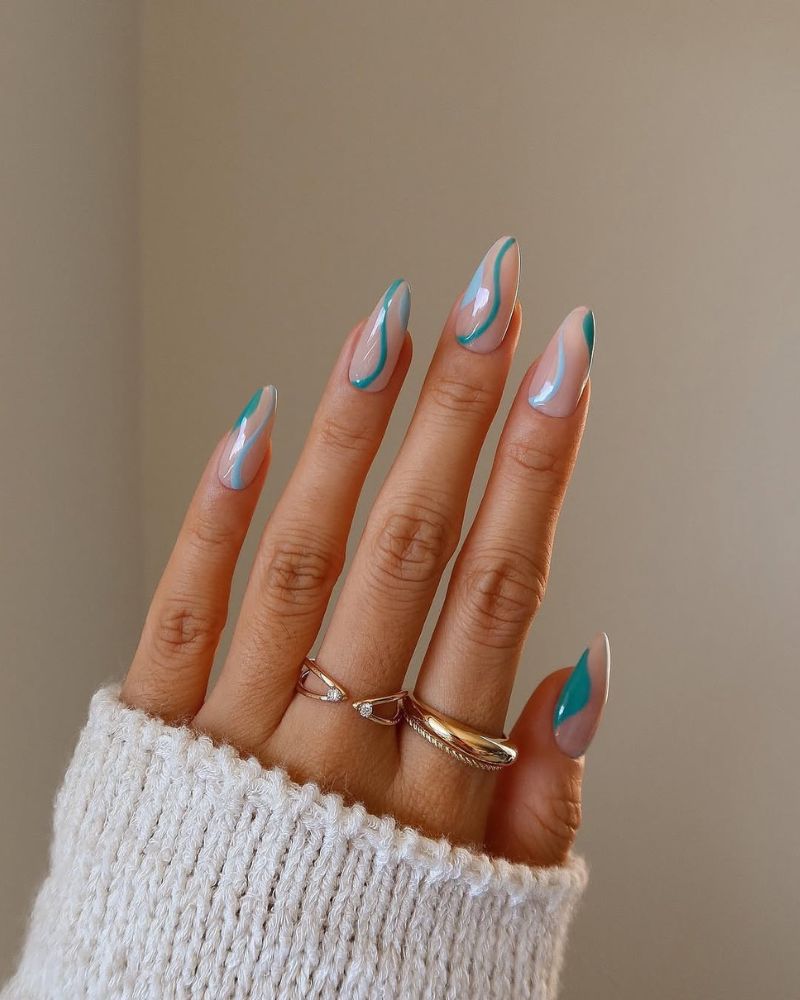 art tourbillonnant, ongles bleus, art des ongles bleu clair