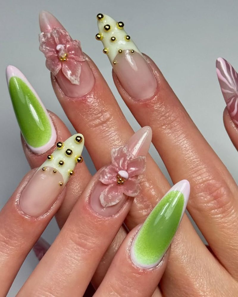 ongles stilettos, ongles vert citron, nail art fleur 3D