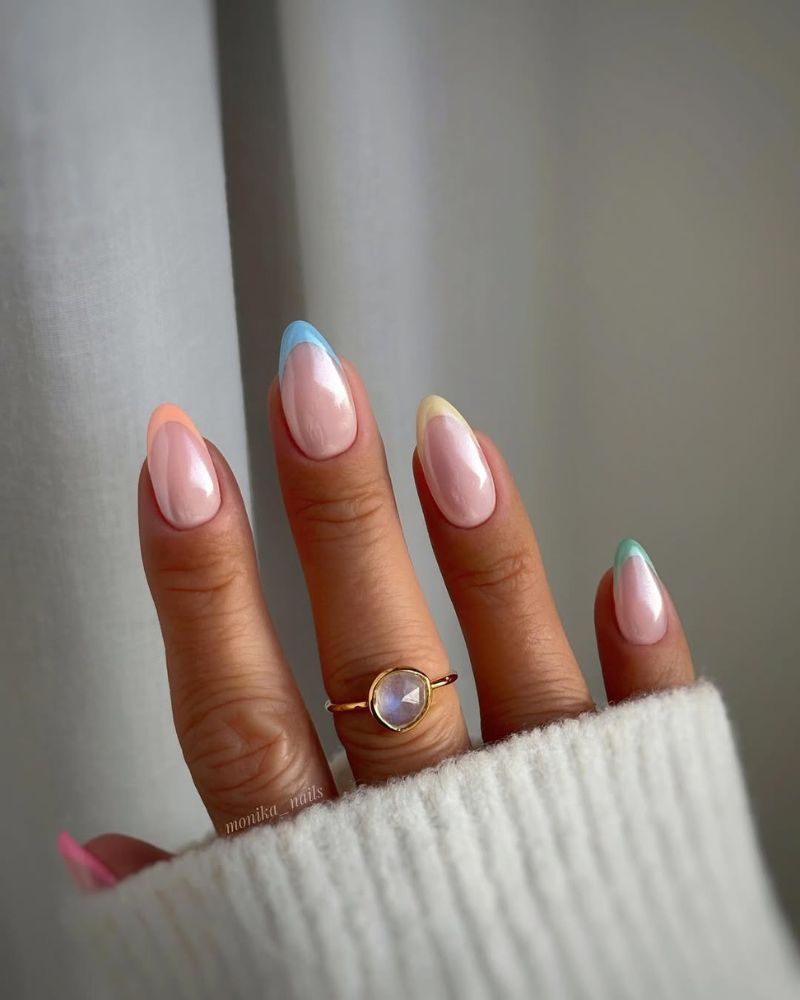 french colorée, ongles dégradés pastel, ongles chrome