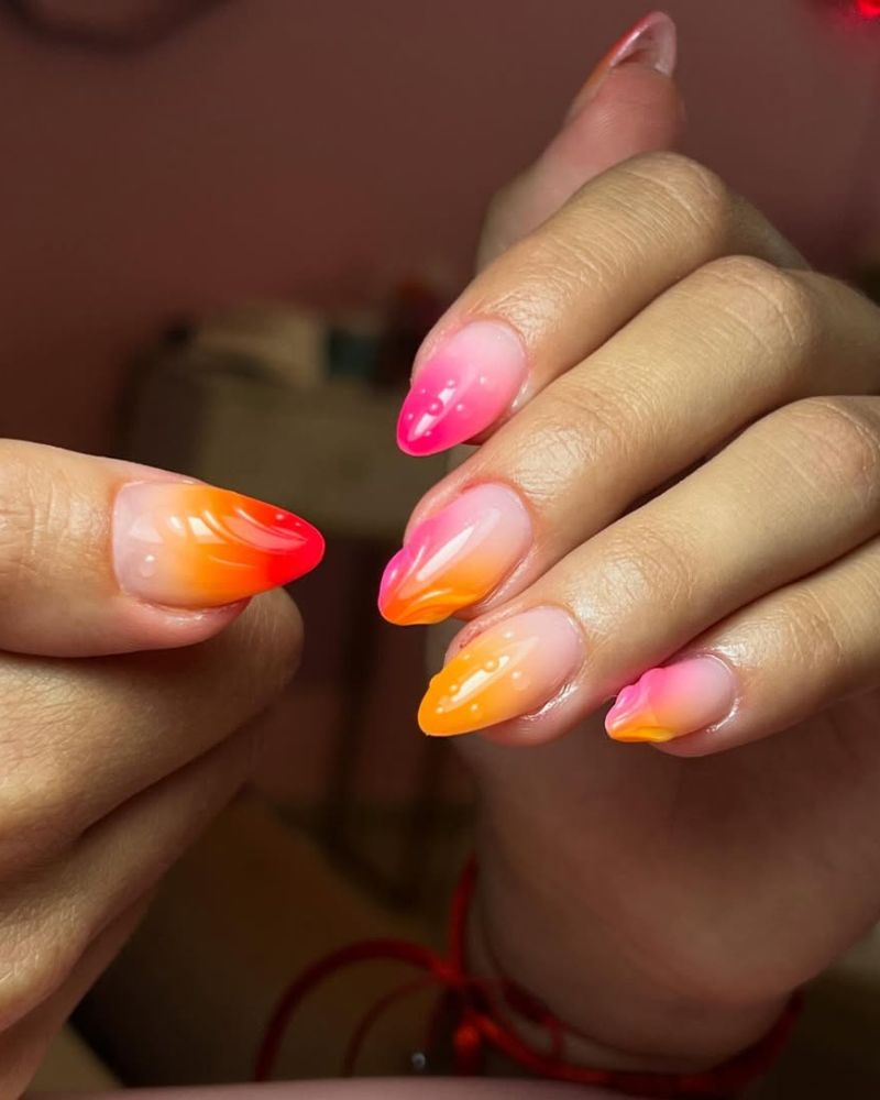 gradient nails, faded tips, orange and pink nails