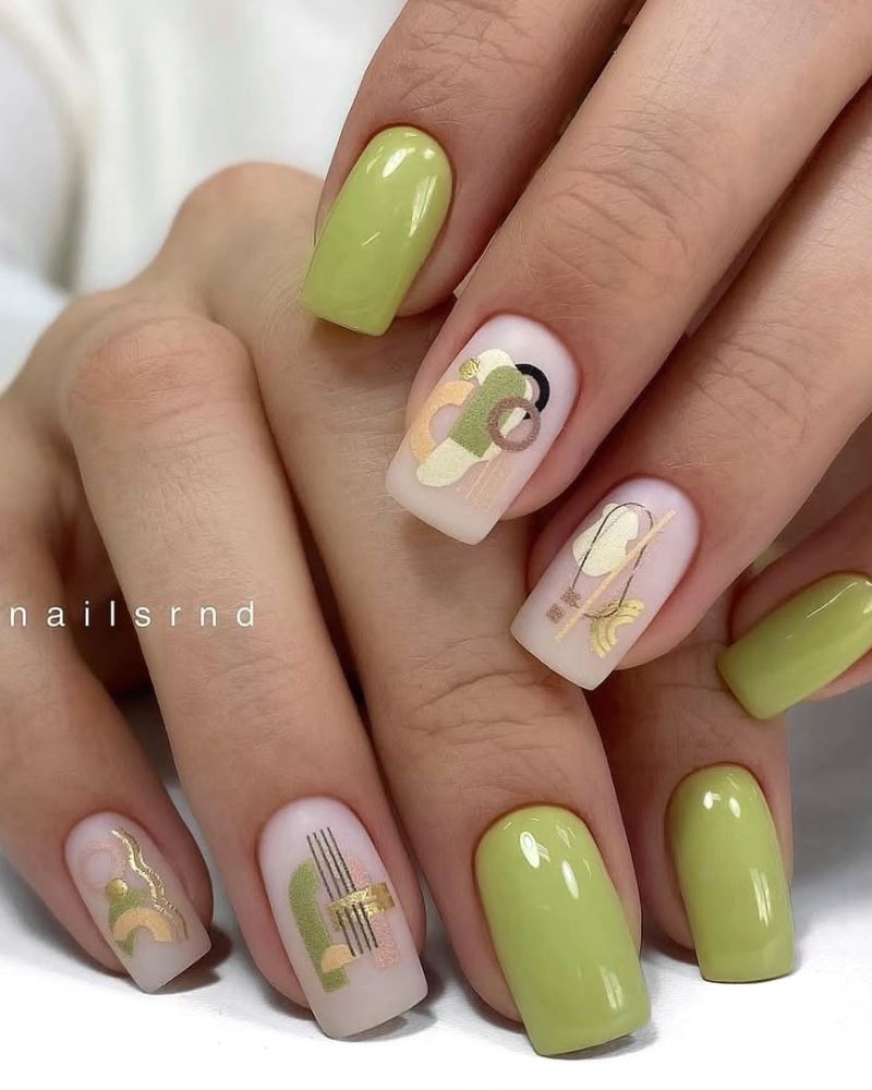 nail art abstrait, ongles verts sauge