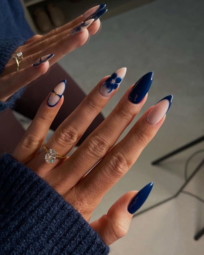 ongles élégants, manucure stiletto, ongles bleus