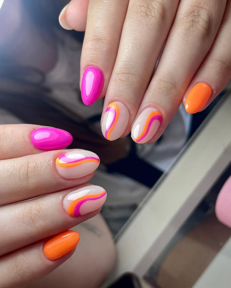 pink and orange nail art, swirly nail art, simple summer nails