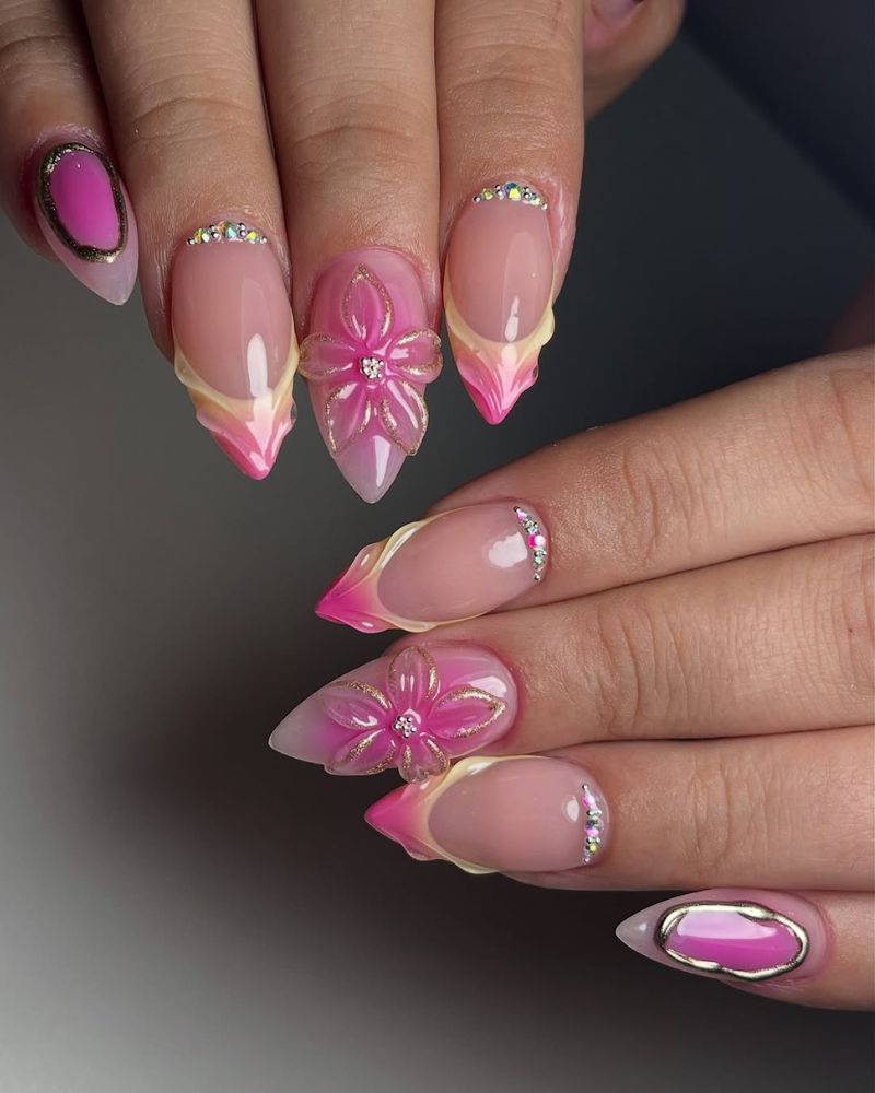 ongles stiletto, nail art fleur 3D