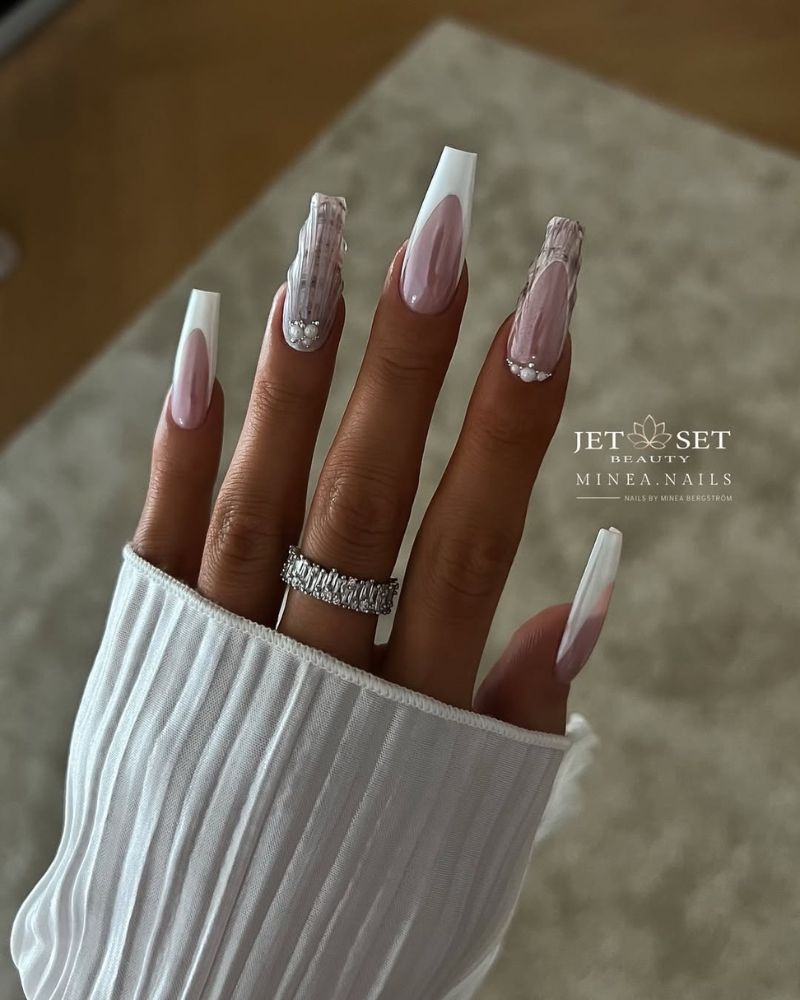 ongles longs été, ongles chrome, nail art coquillage