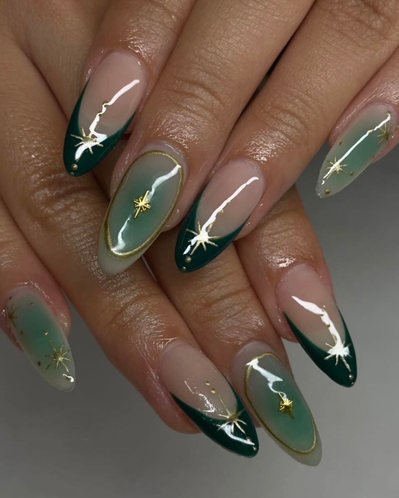 ongles français verts, nail art doré