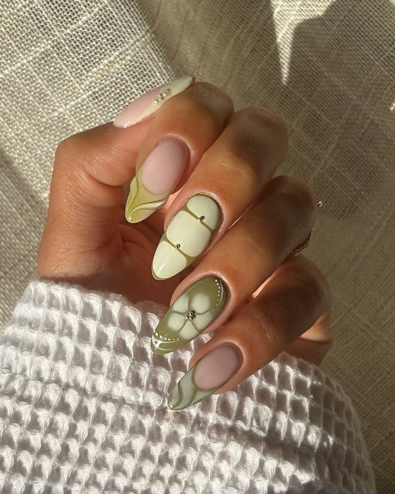 nail art vert sur ongles longs amande