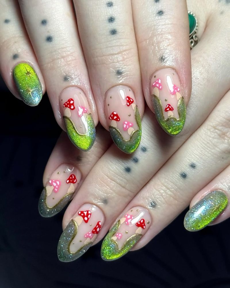 vernis vert magnétique, nail art champignon