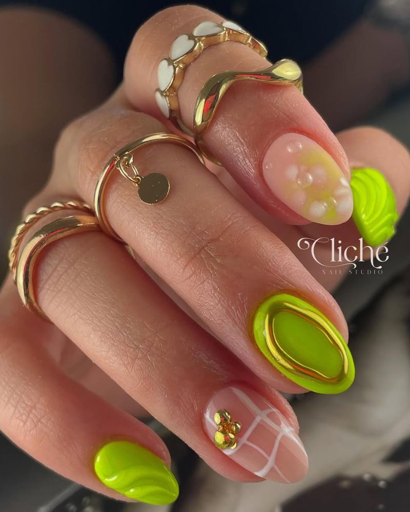 ongles vert néon, ongles néon