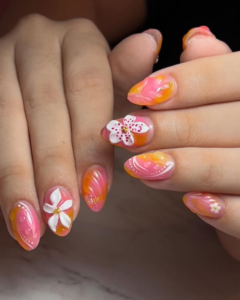 orchid nail art, light pink and orange