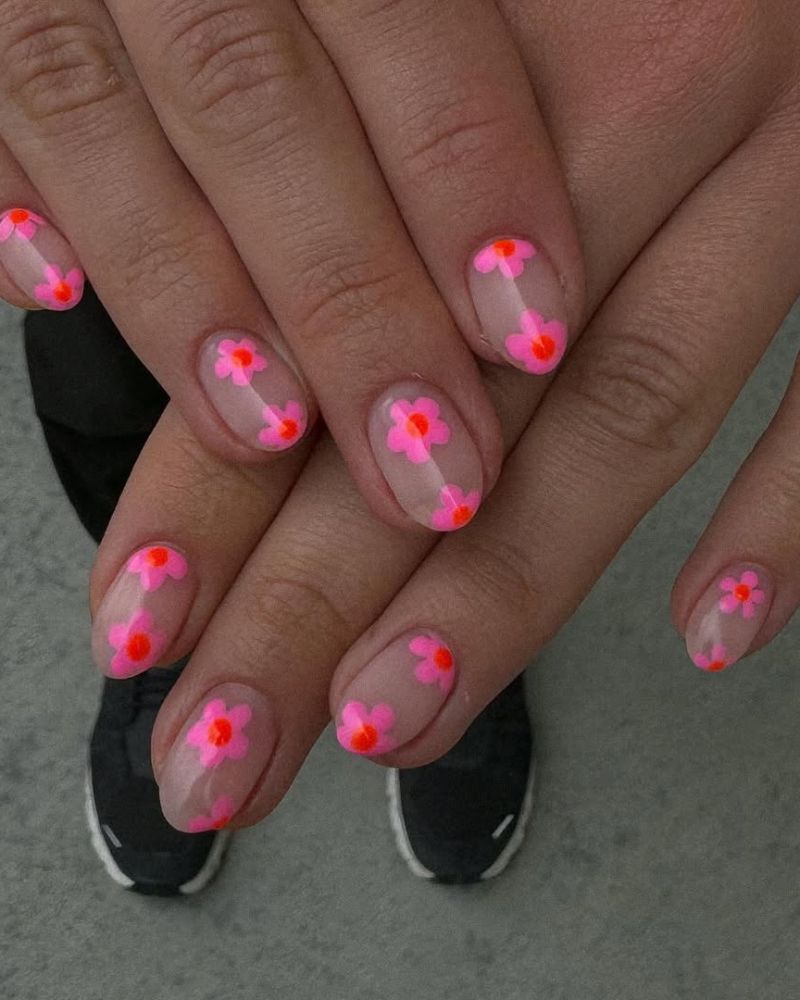 nail art fleurs, ongles roses simples