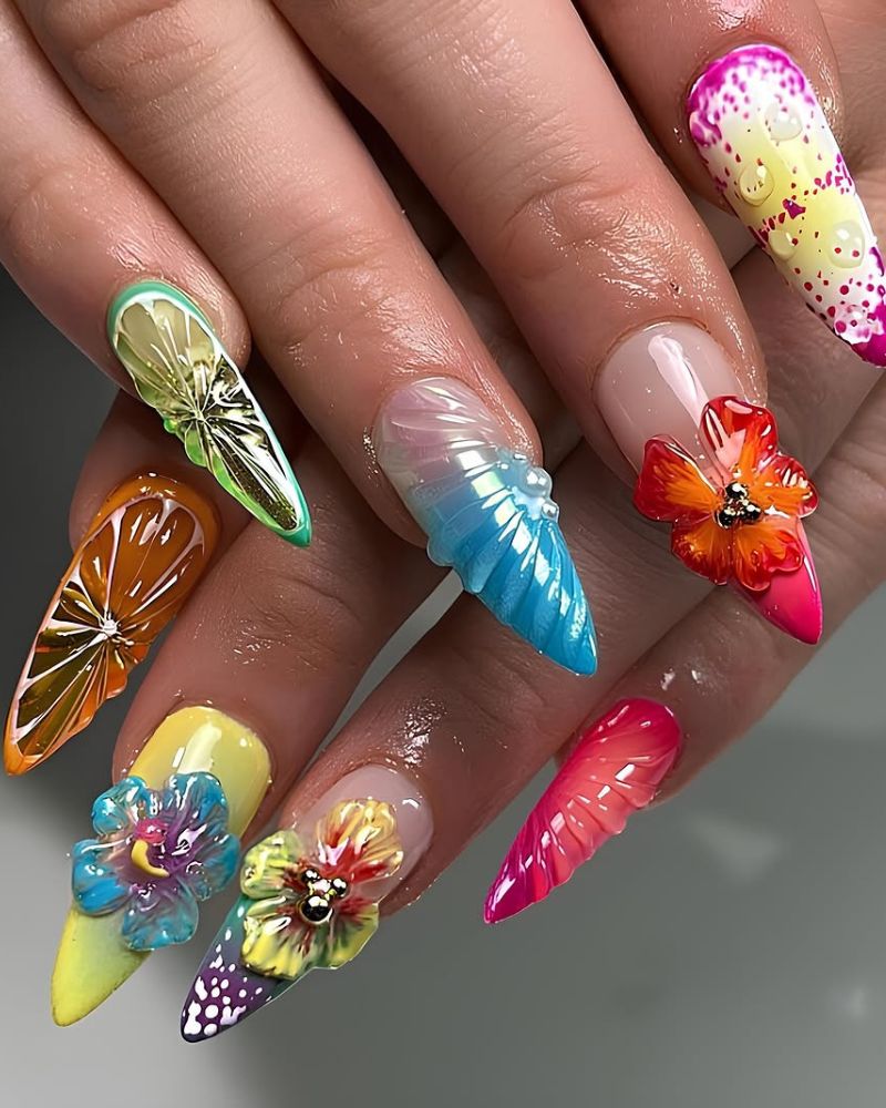 ongles vacances d’été colorés, ongles stilettos