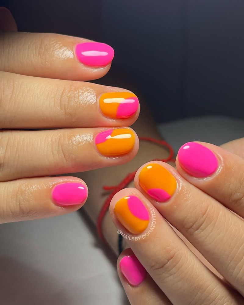 nail art rose et orange, ongles courts d'été