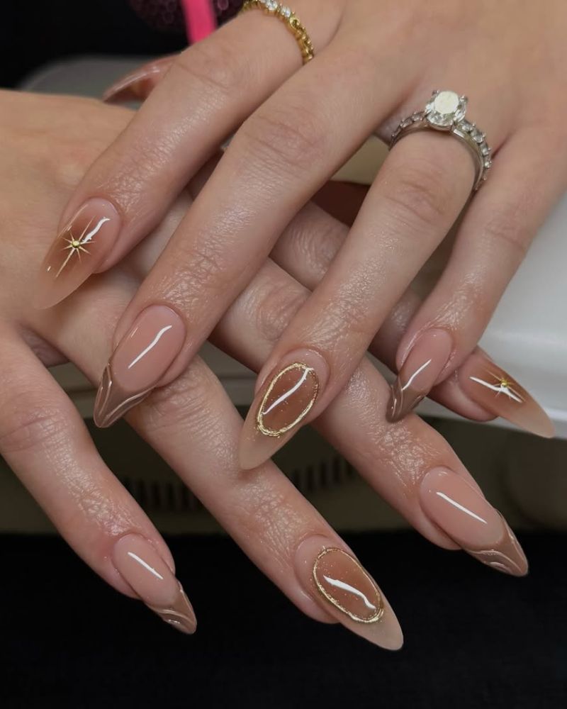 français chocolat et design aura sur ongles stiletto