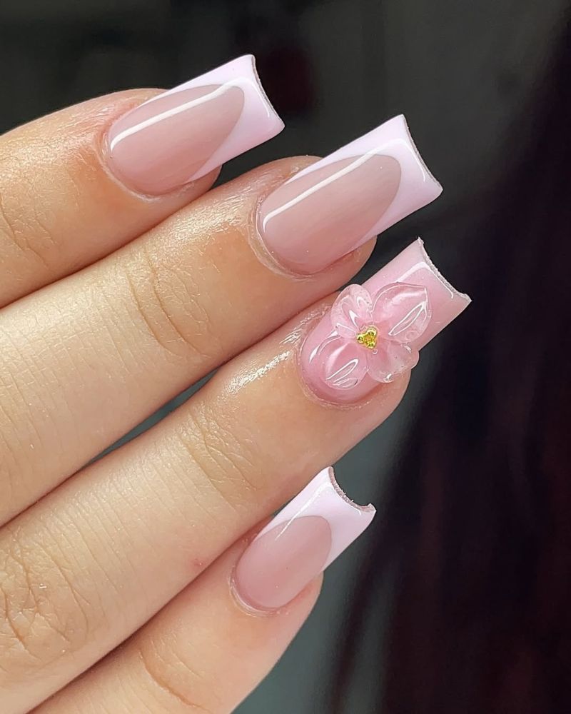 ongles french, nail art fleurs 3D