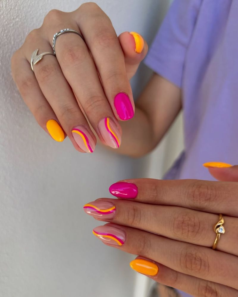 bright summer nail designs, pink and orange nails, swirl nail art