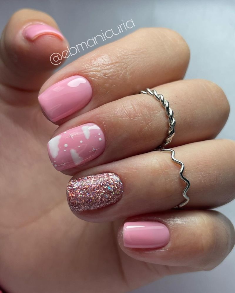ongles courts roses, ongles roses scintillants